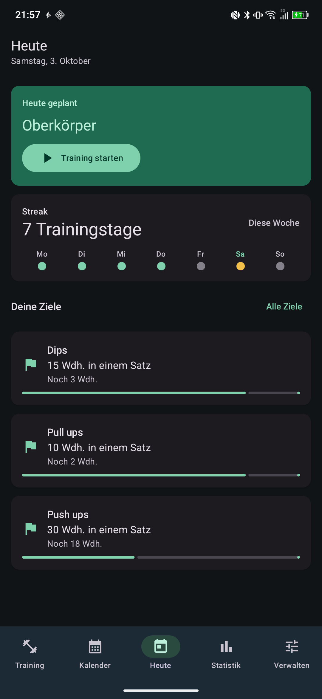 Startbildschirm „Heute“ mit der nächsten anstehenden Einheit